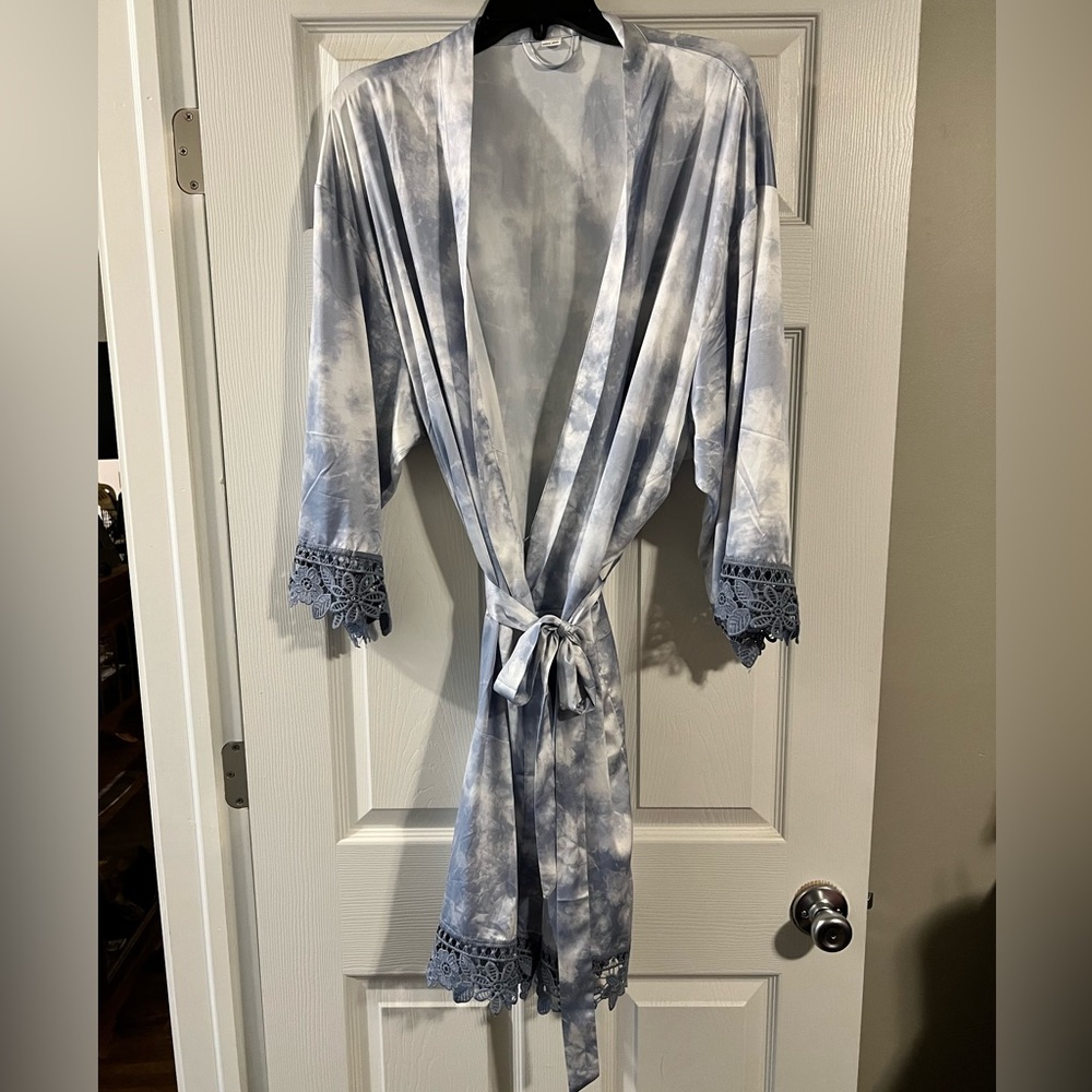Dusty Blue Tie Dye Silk with Crochet Robe- Plus Size